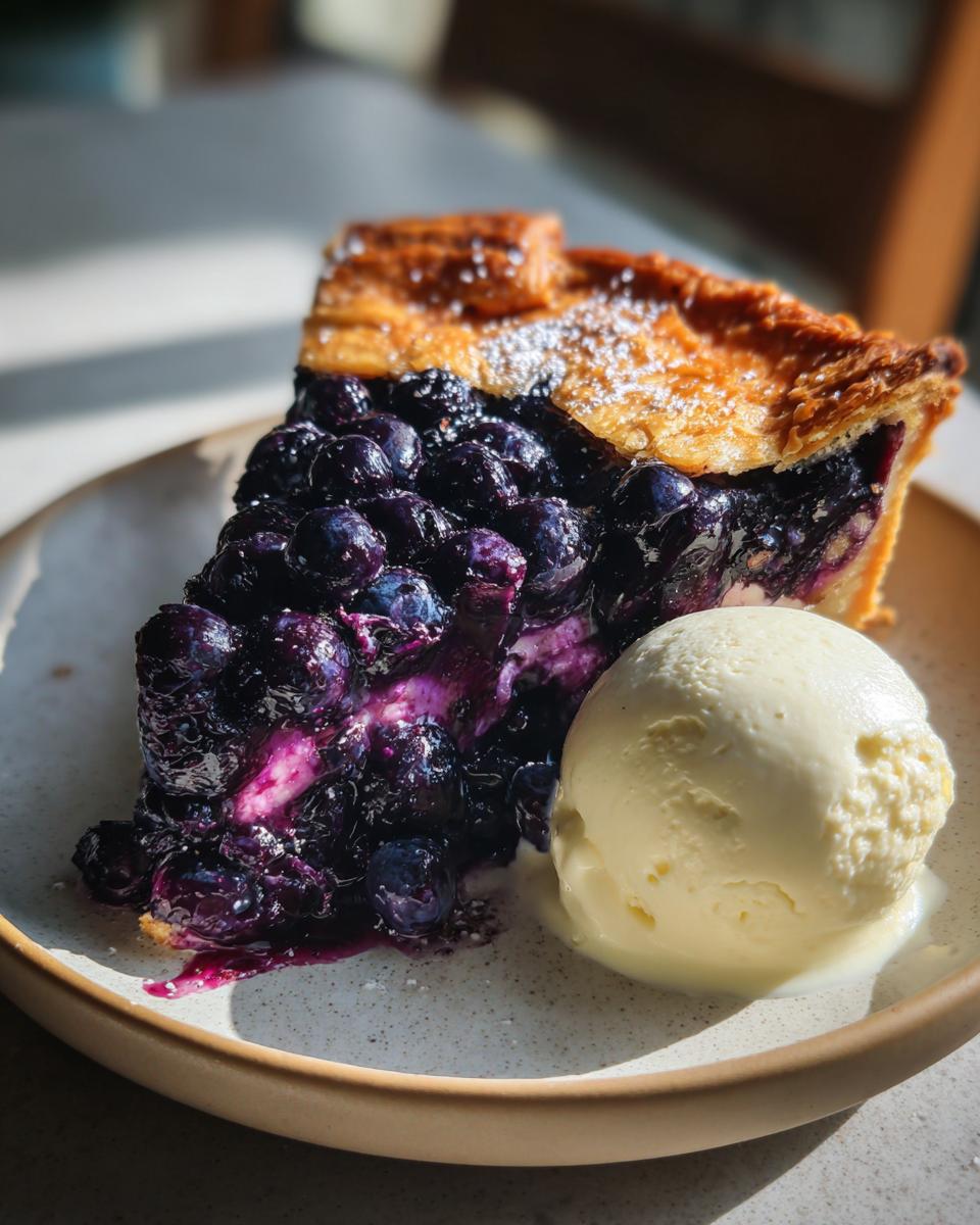 A slice of delicious Blueberry Galette with a scoop of vanilla cream on a plate.