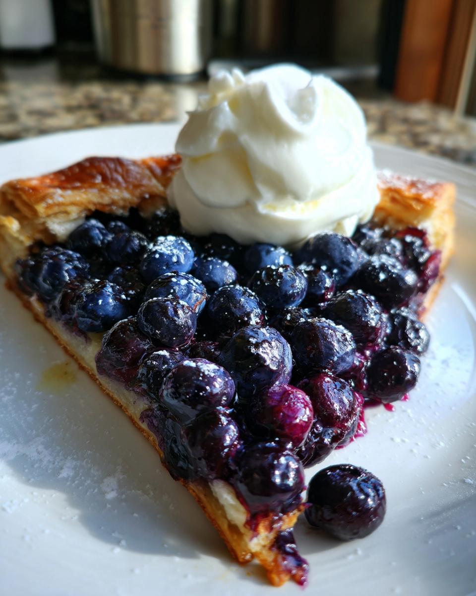 Close-up of a slice of Blueberry Galette with Vanilla Cream, topped with fresh blueberries and whipped cream.