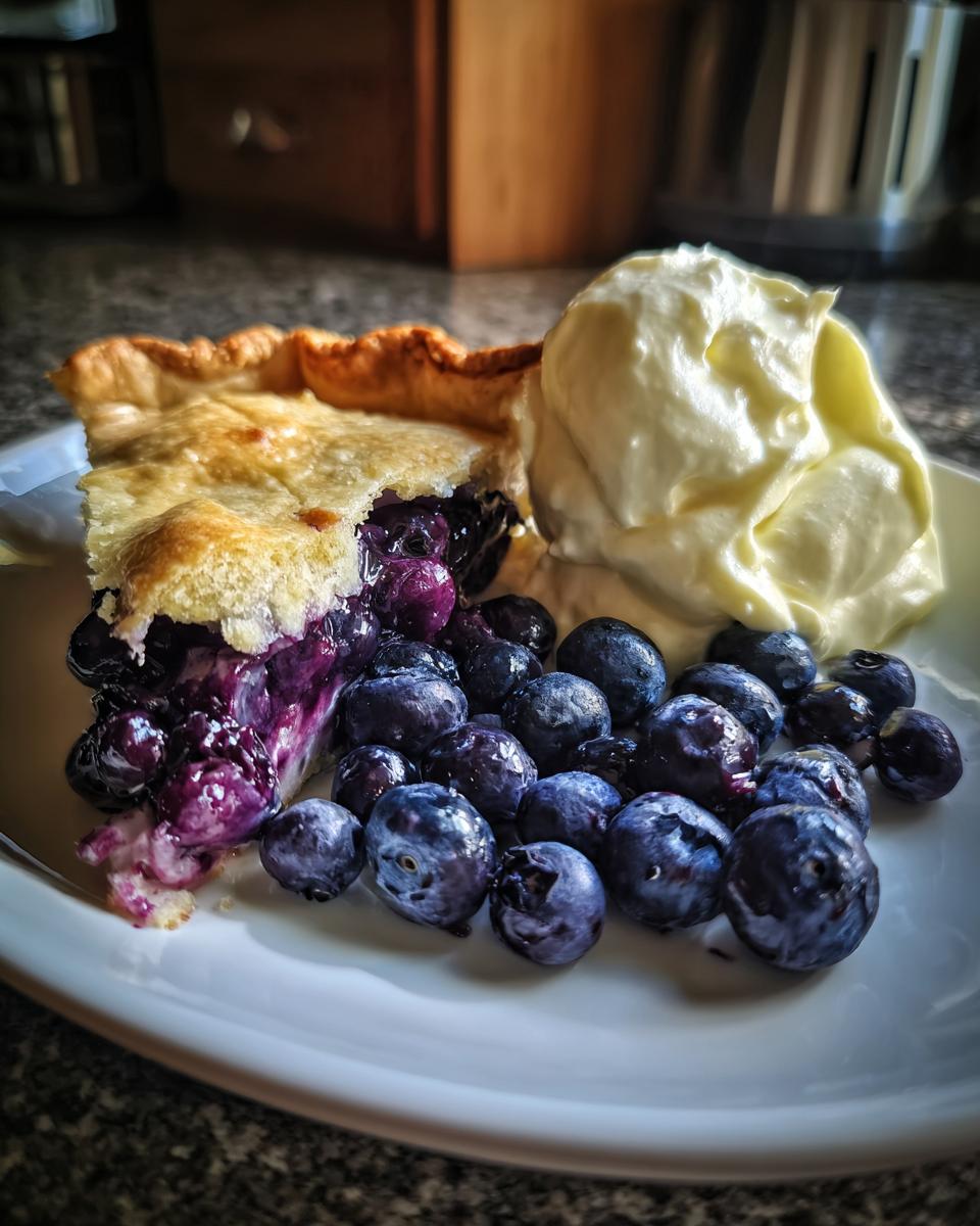 A slice of delicious Blueberry Galette with Vanilla Cream served on a white plate with fresh blueberries.
