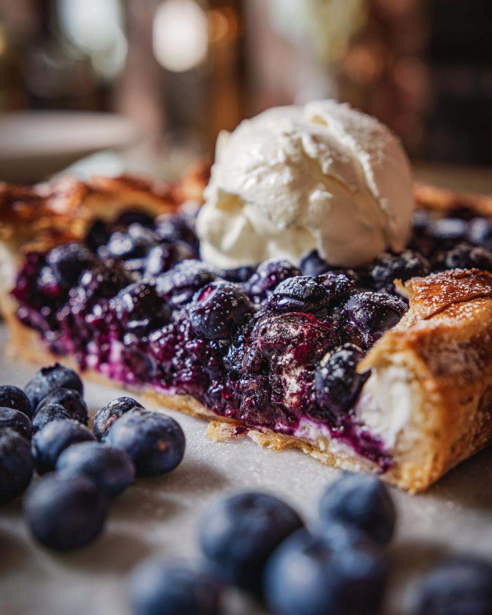 Close-up of a slice of Blueberry Galette with a scoop of vanilla cream, showing juicy blueberries.