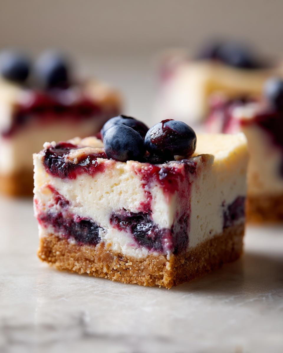 Close-up of a Blueberry Lemon Cheesecake Bar, topped with fresh blueberries, on a graham cracker crust.