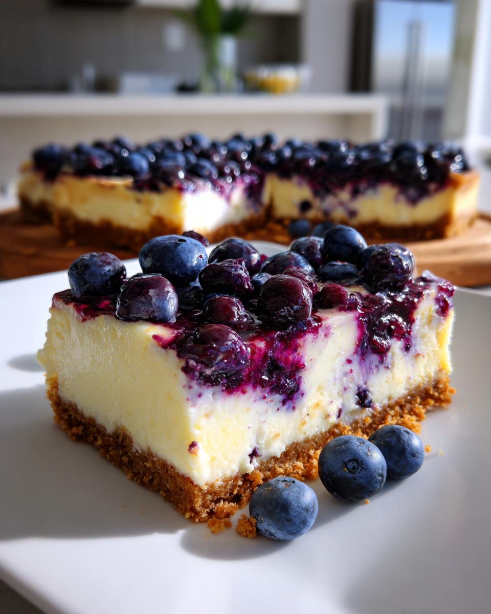 Close-up of a slice of Blueberry Lemon Cheesecake Bar topped with fresh blueberries.