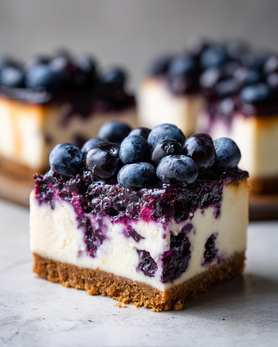 Close-up of a Blueberry Lemon Cheesecake Bar topped with fresh blueberries.