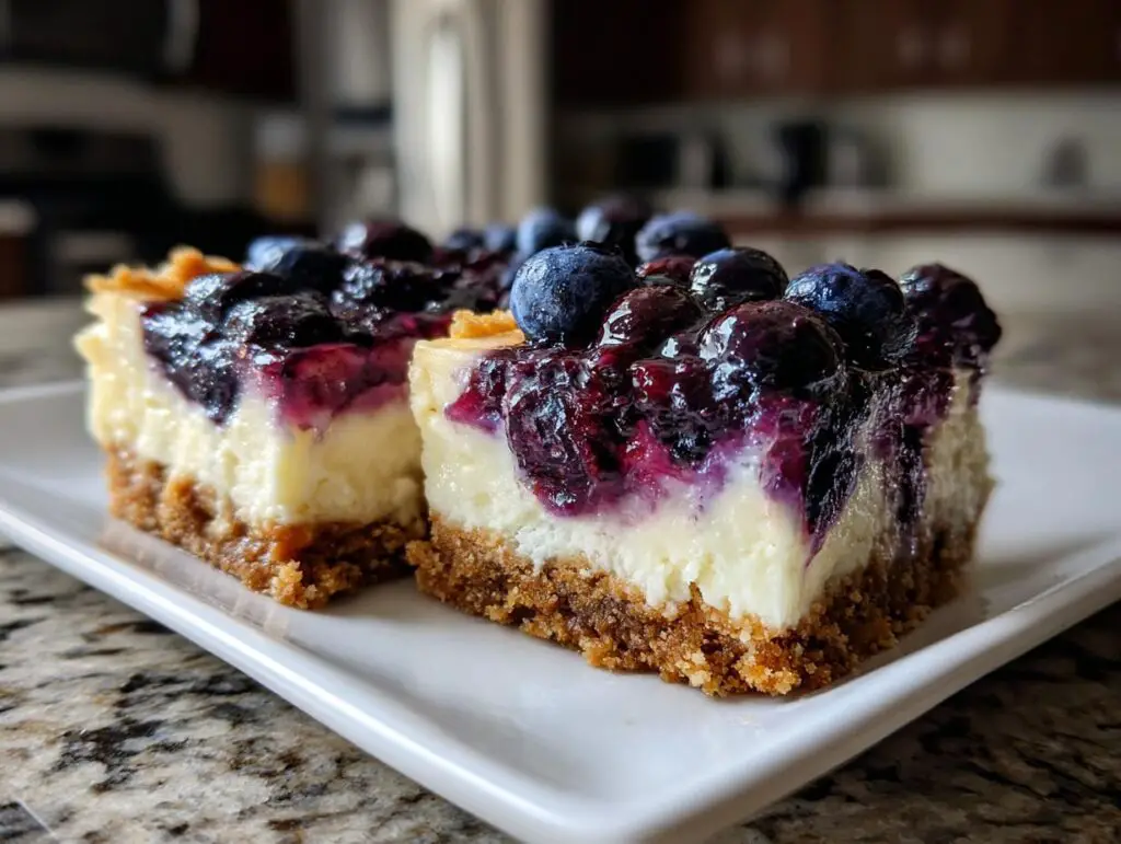 Close-up of Blueberry Lemon Cheesecake Bars slices on a white plate, topped with fresh blueberries.