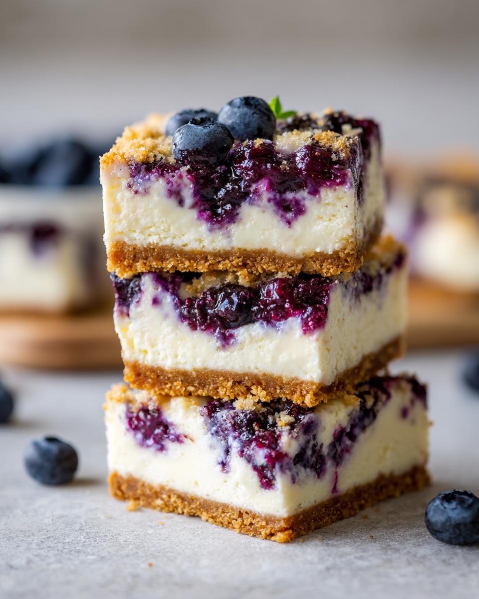 Stack of three Blueberry Lemon Cheesecake Bars with fresh blueberries on top.