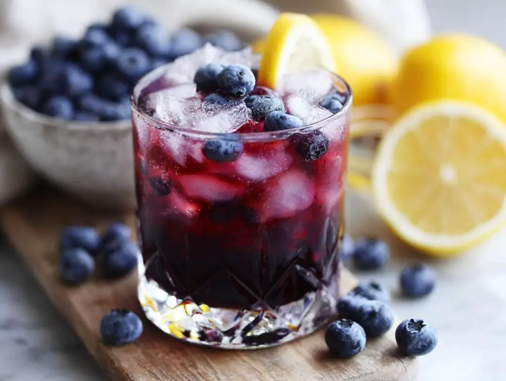 Close-up of a Blueberry Lemonade Vodka Smash cocktail with blueberries, ice, and a lemon slice.