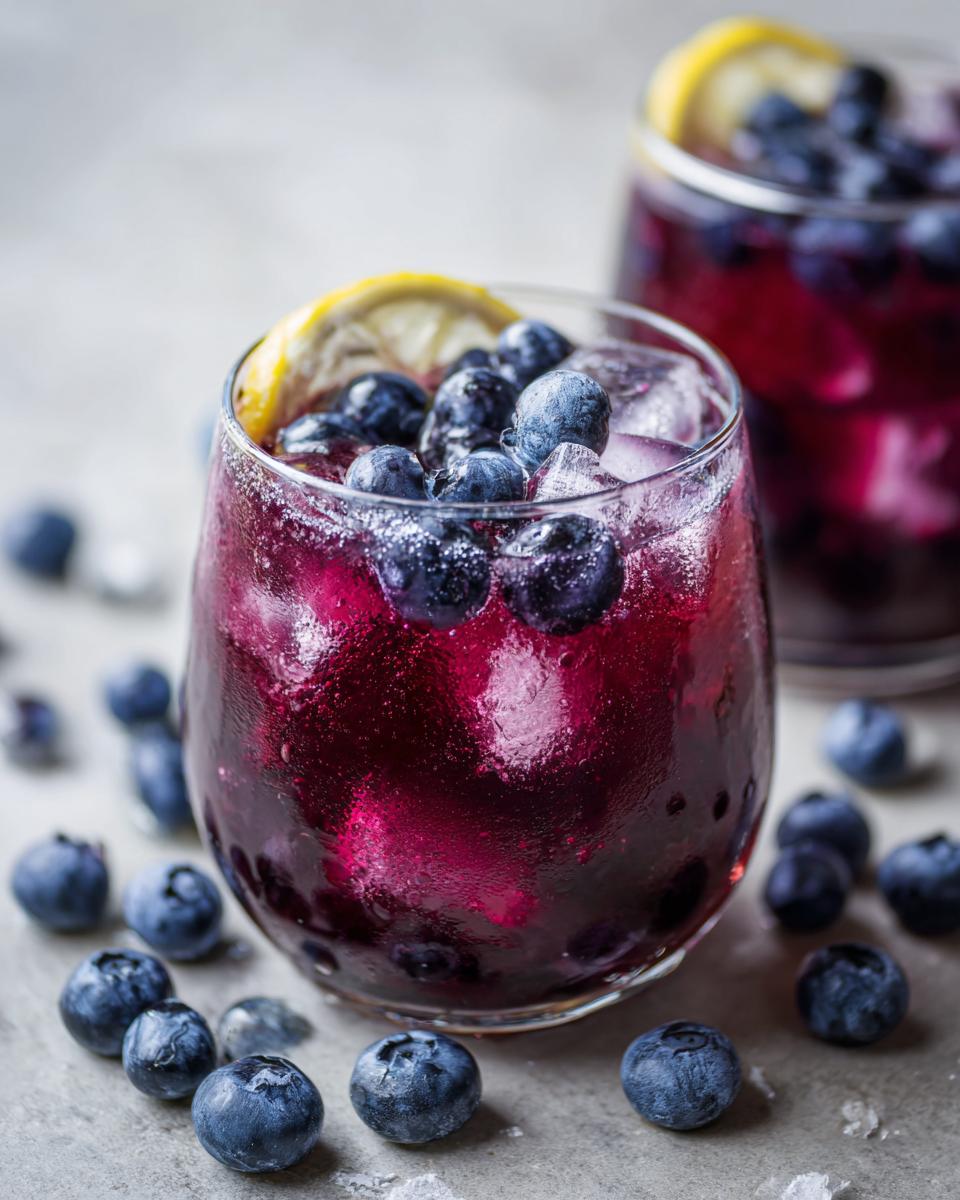 Close-up of a Blueberry Lemonade Vodka Smash cocktail with blueberries and lemon.