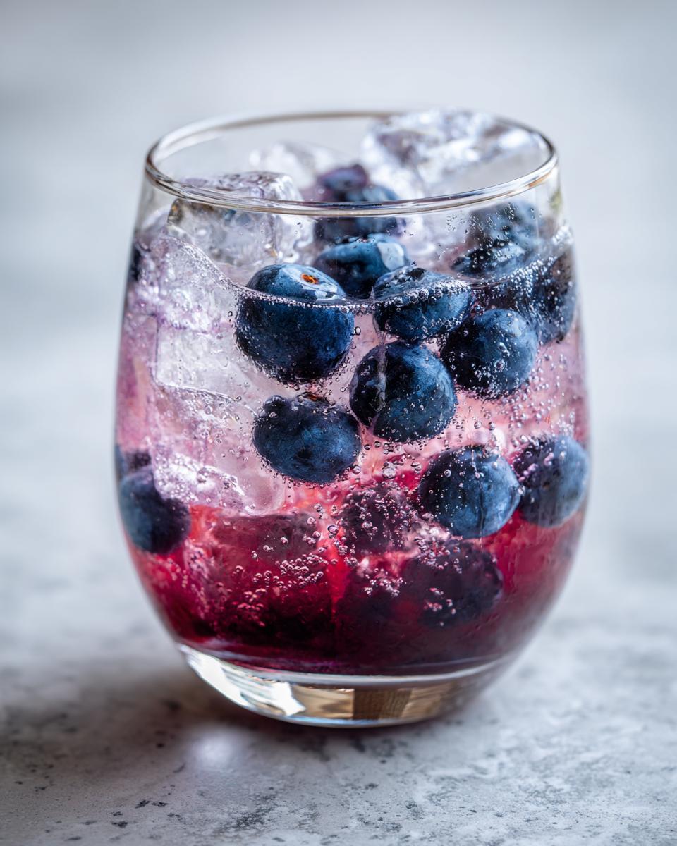 Close-up of a Blueberry Lemonade Vodka Smash cocktail with blueberries and ice.