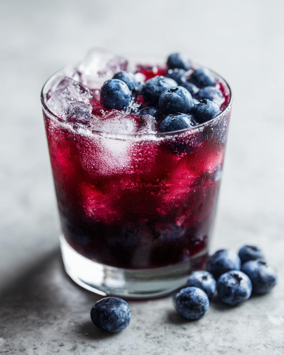 Close-up of a Blueberry Lemonade Vodka Smash cocktail with blueberries and ice.