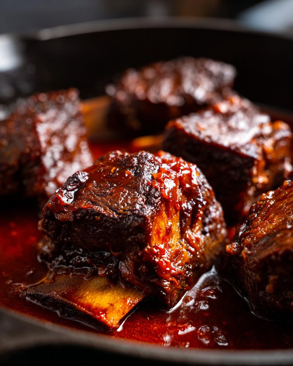 Close-up of tender Braised Short Ribs with Red Wine in a cast iron pan, showing the rich sauce.