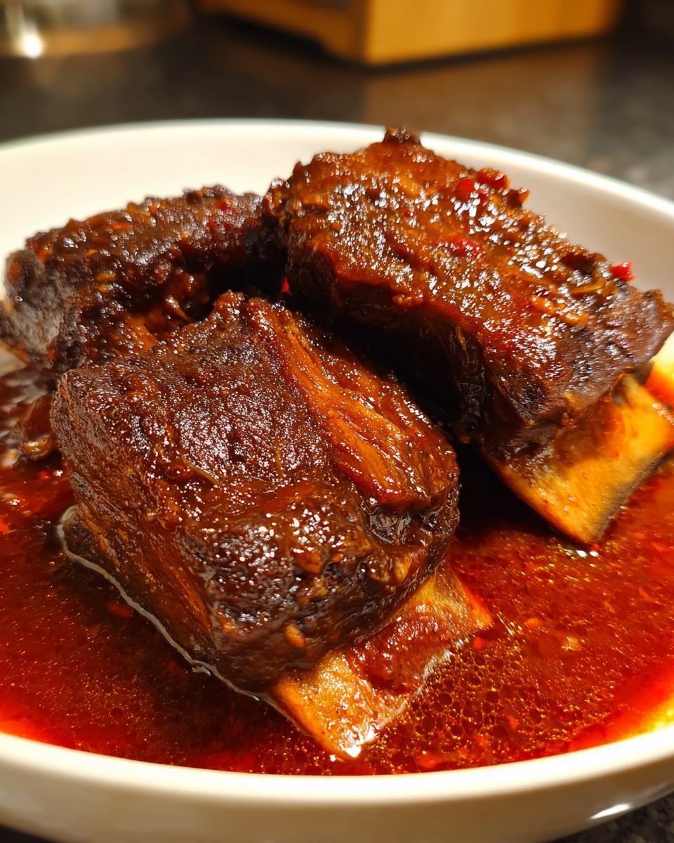 Close-up of braised short ribs with red wine, served in a white bowl.