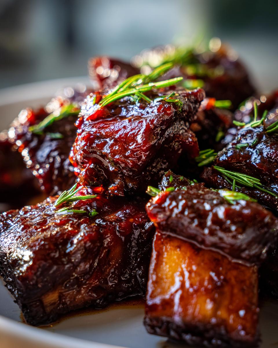 Close-up of tender Braised Short Ribs with Red Wine, garnished with fresh rosemary.