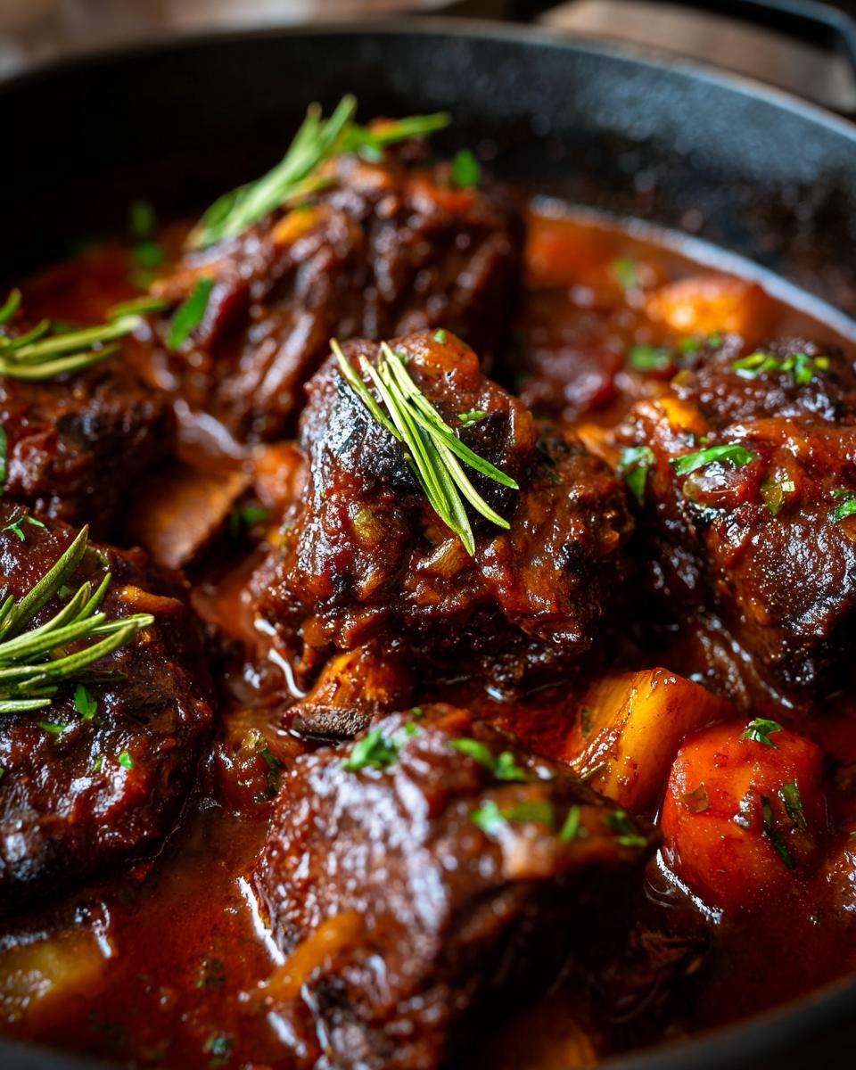 Close-up of Braised Short Ribs with Red Wine in a cast iron skillet, garnished with rosemary.