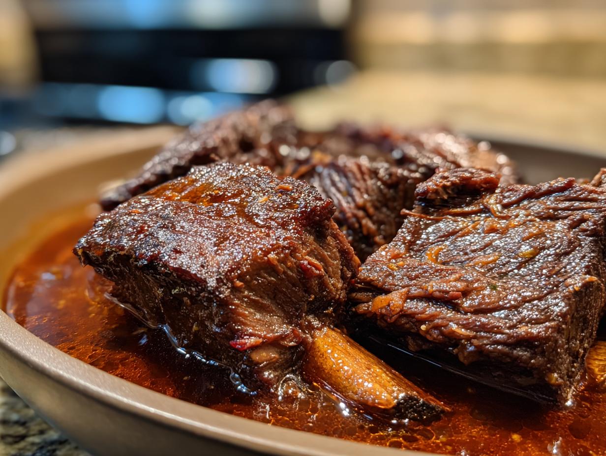 Close-up of juicy Braised Short Ribs with Red Wine in a rich sauce, ready to serve.