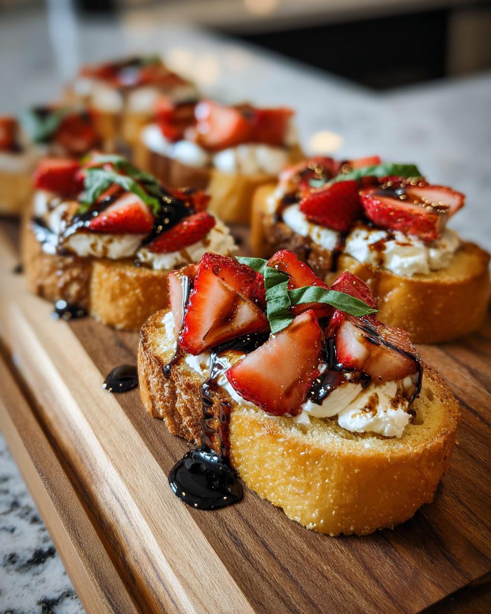 Close-up of Burrata & Strawberry Crostini appetizers on a wooden board, drizzled with balsamic glaze.