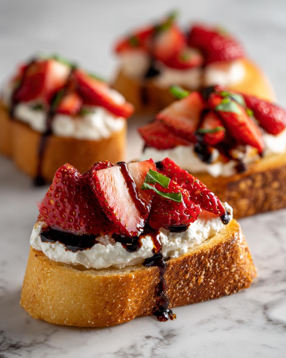 Close-up of Burrata & Strawberry Crostini, with fresh strawberries, burrata, and balsamic glaze.