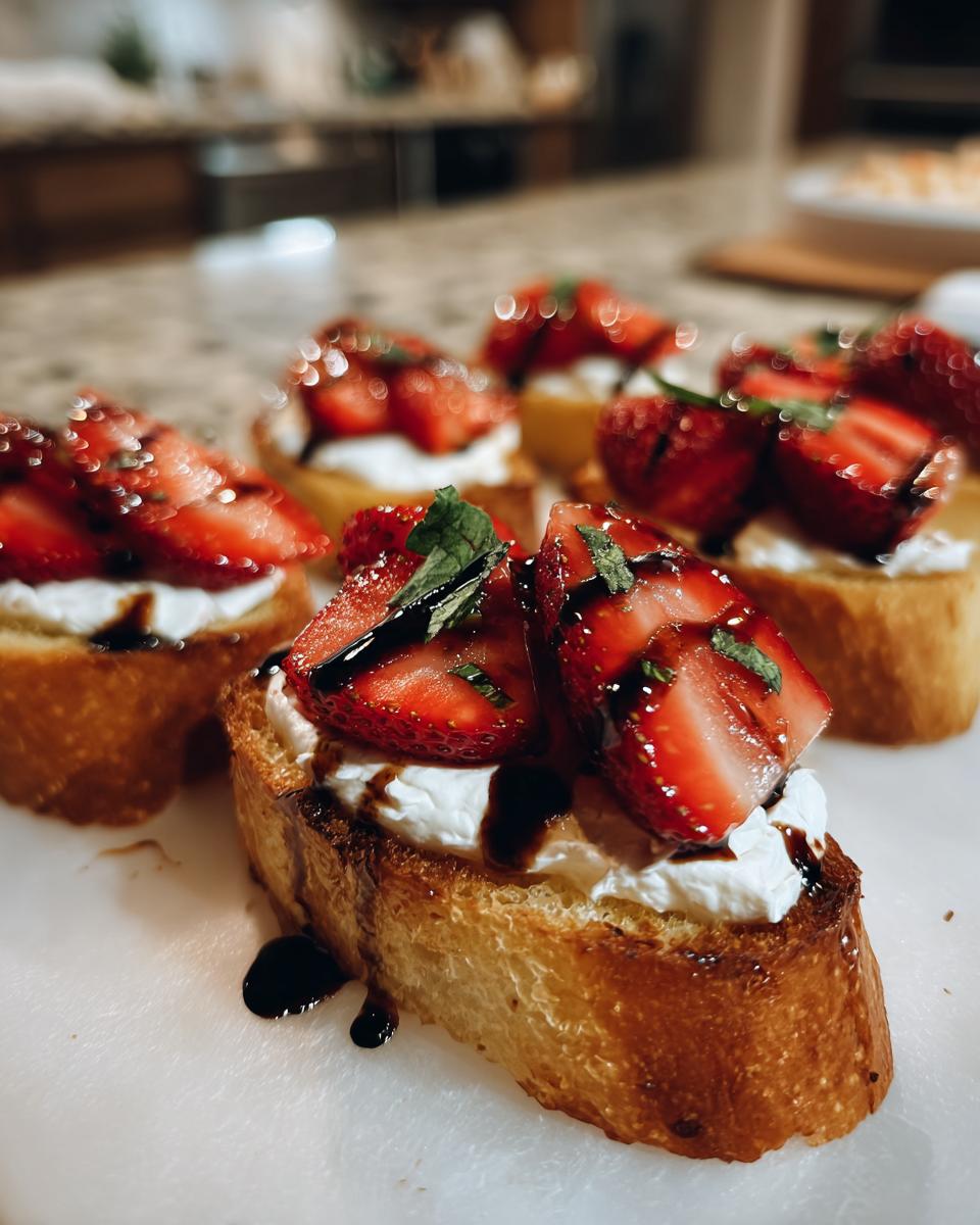 Close-up of Burrata & Strawberry Crostini appetizers with balsamic glaze and mint.