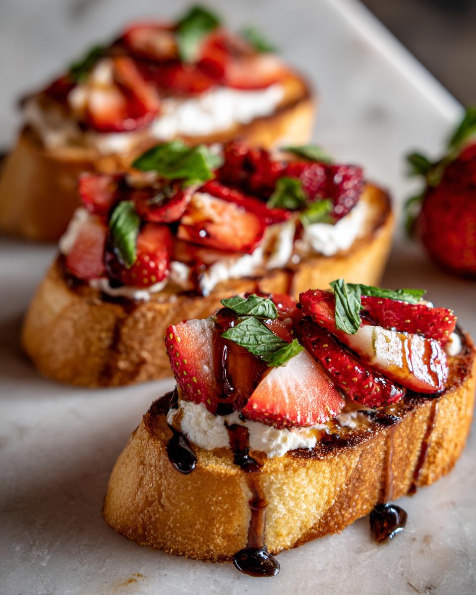 Close-up of Burrata & Strawberry Crostini with fresh strawberries, burrata cheese, and balsamic glaze.