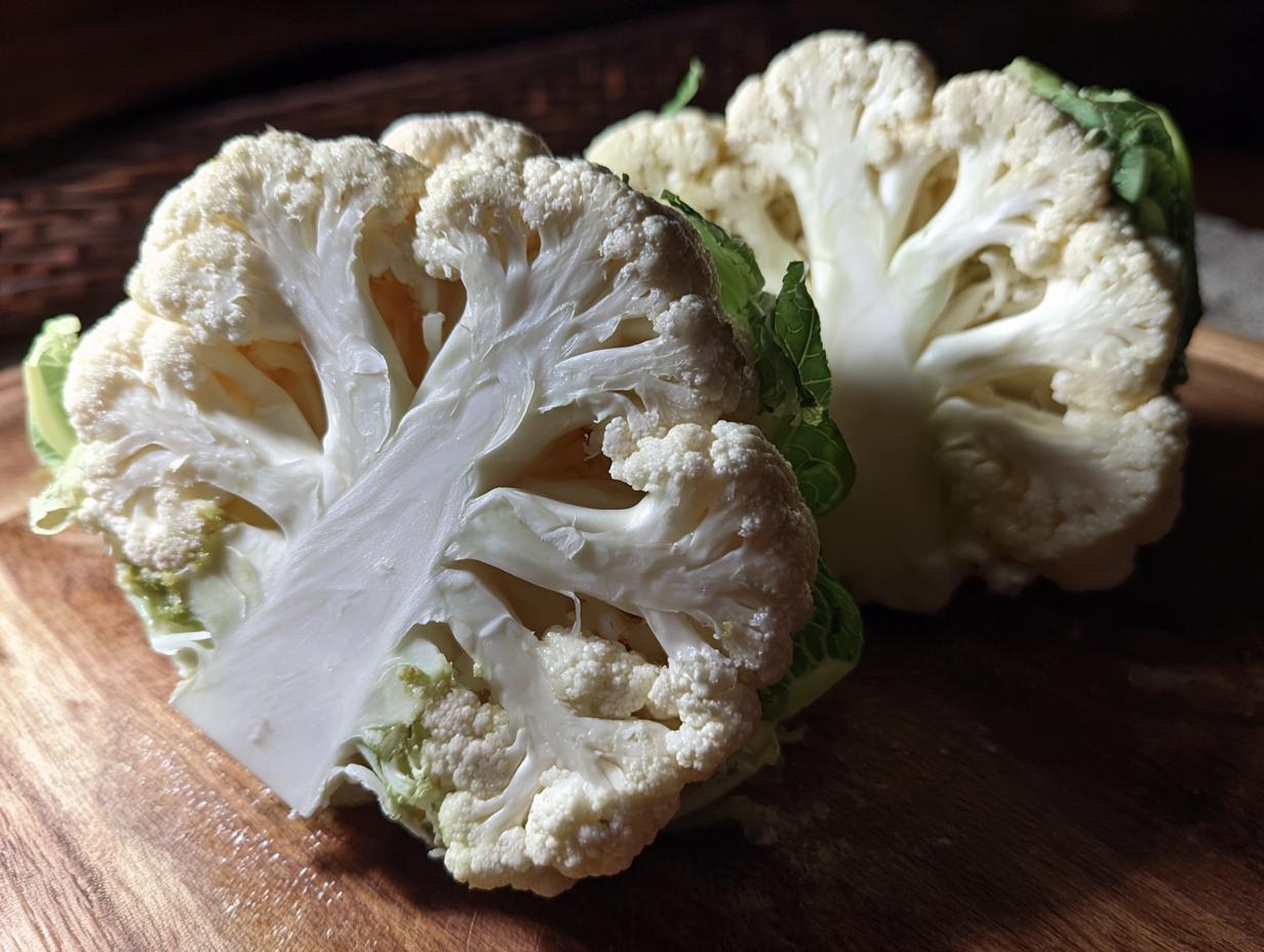 Close-up of a fresh cauliflower head cut in half, ready to make Cauliflower Steaks.
