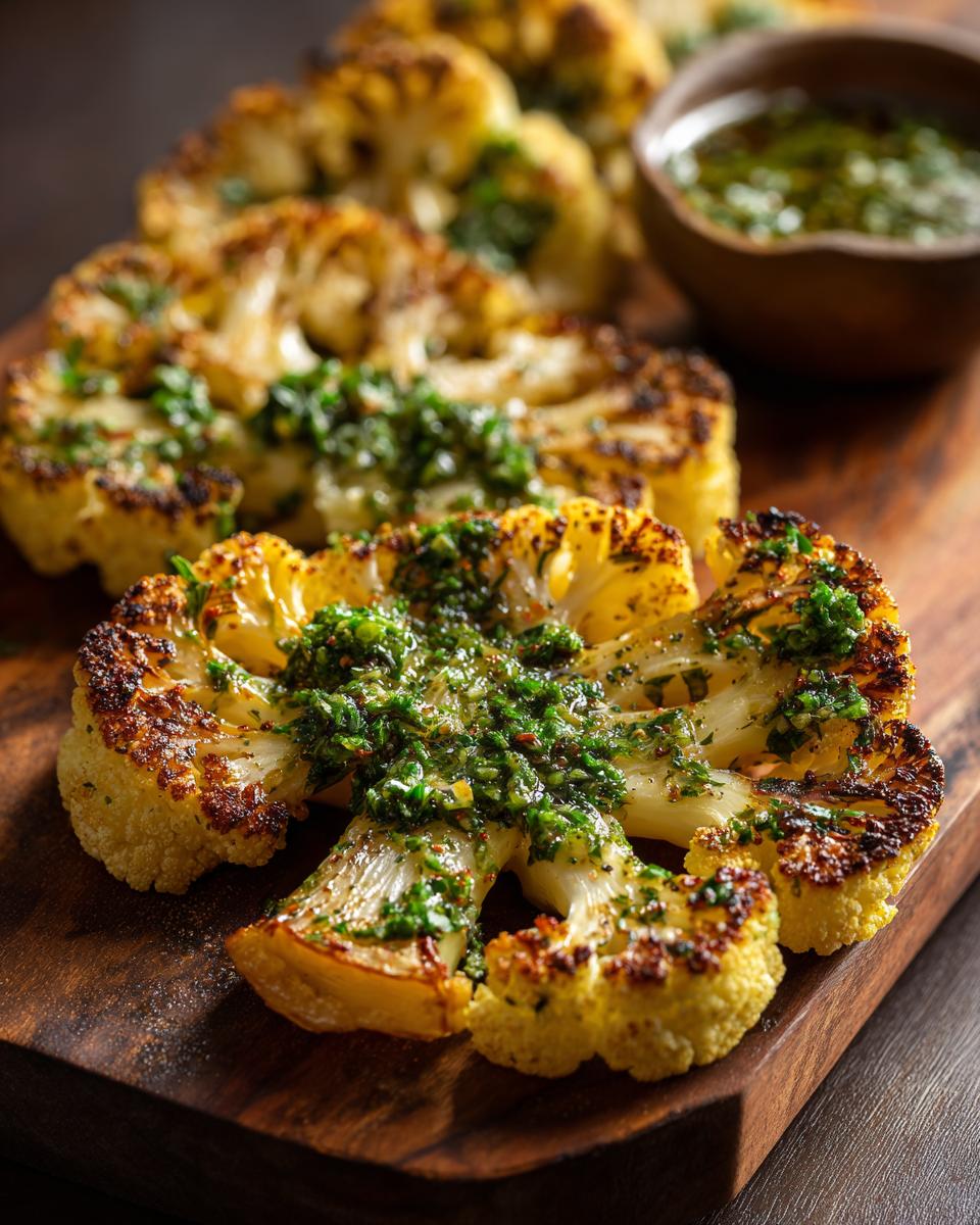 Close-up of grilled Cauliflower Steaks with Chimichurri sauce on a wooden board.