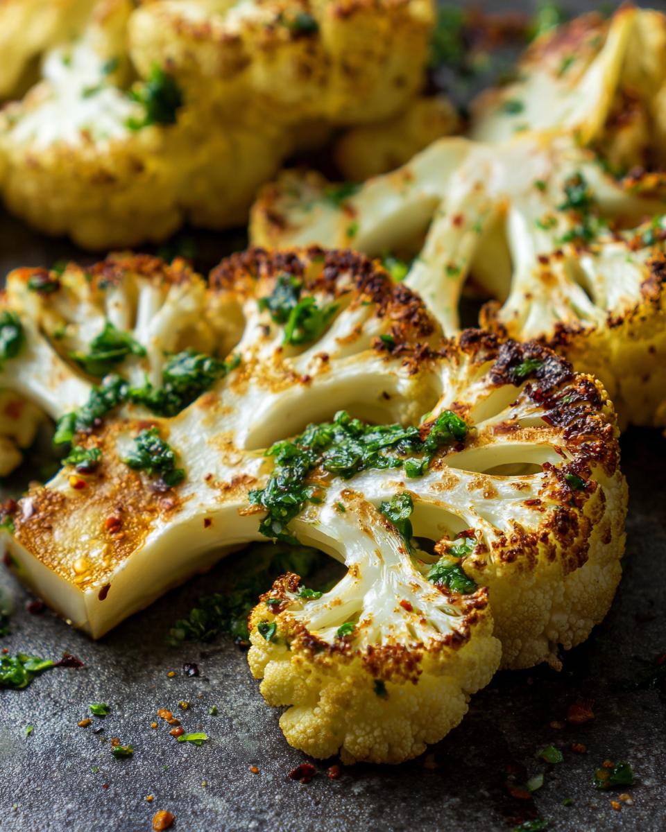 Close-up of roasted Cauliflower Steaks with Chimichurri, a delicious and healthy meal.