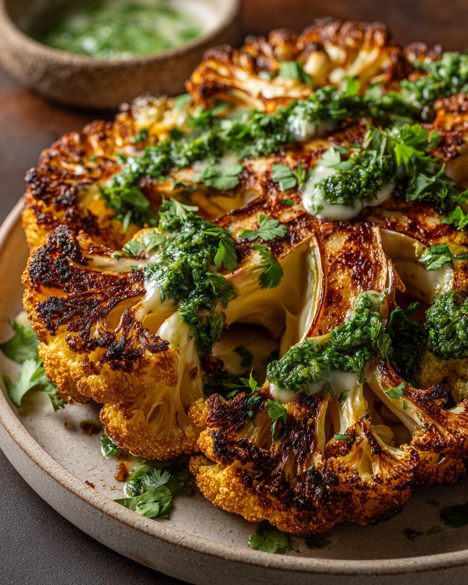 Close-up of roasted cauliflower steaks topped with vibrant chimichurri sauce.