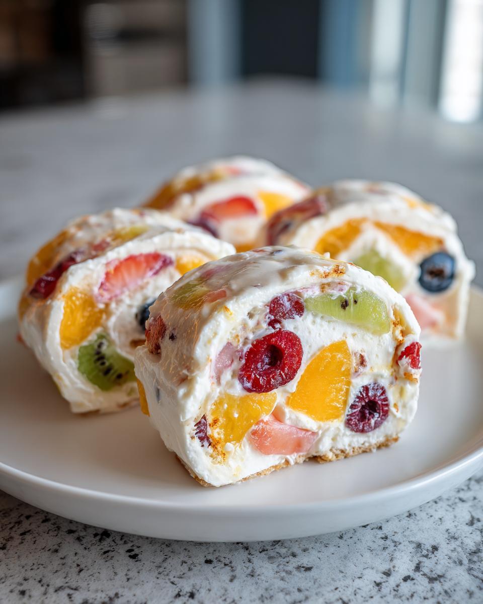 Close-up of Cheesecake Fruit Salad Roll Ups with fresh fruit filling.