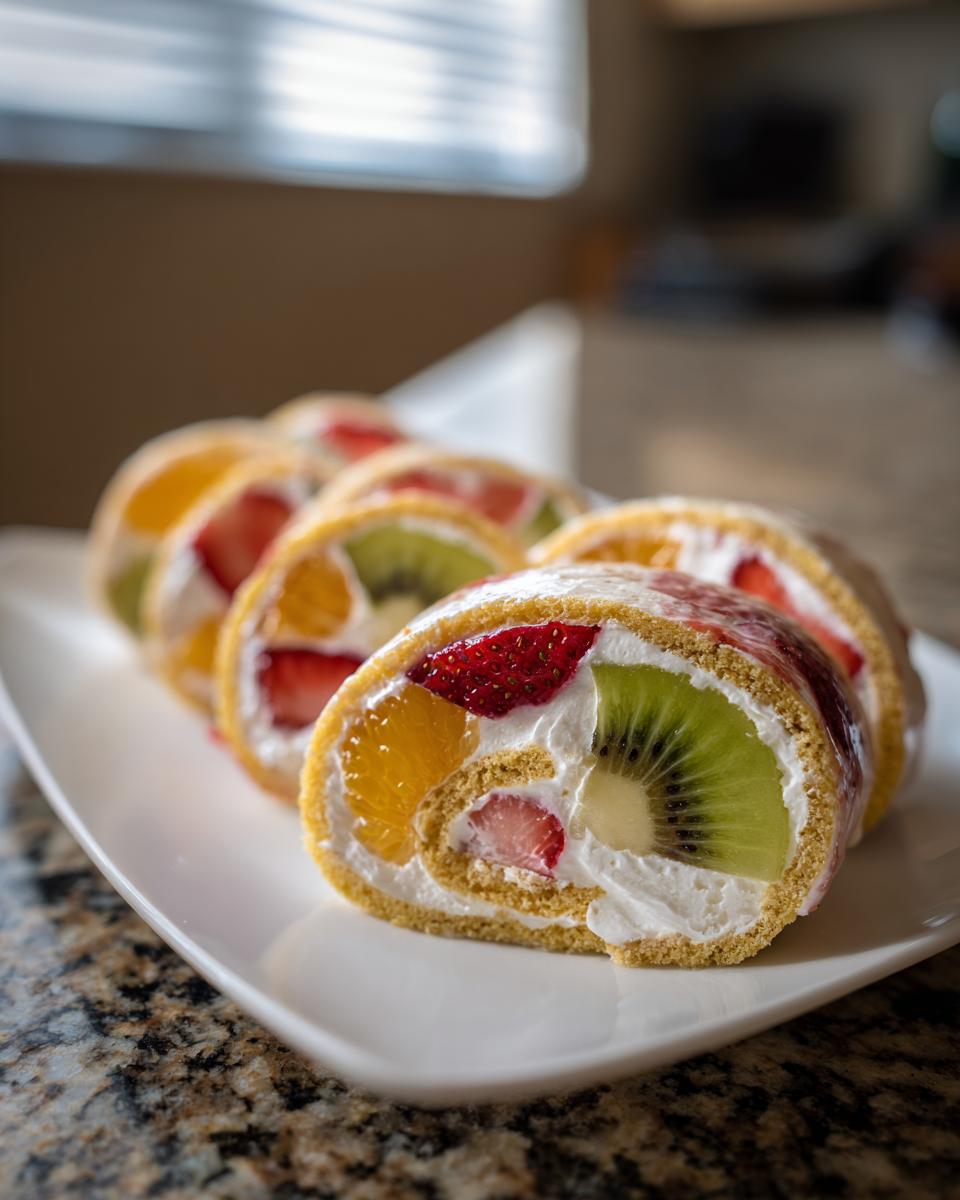Close-up of sliced Cheesecake Fruit Salad Roll Ups with fresh fruit and cream.