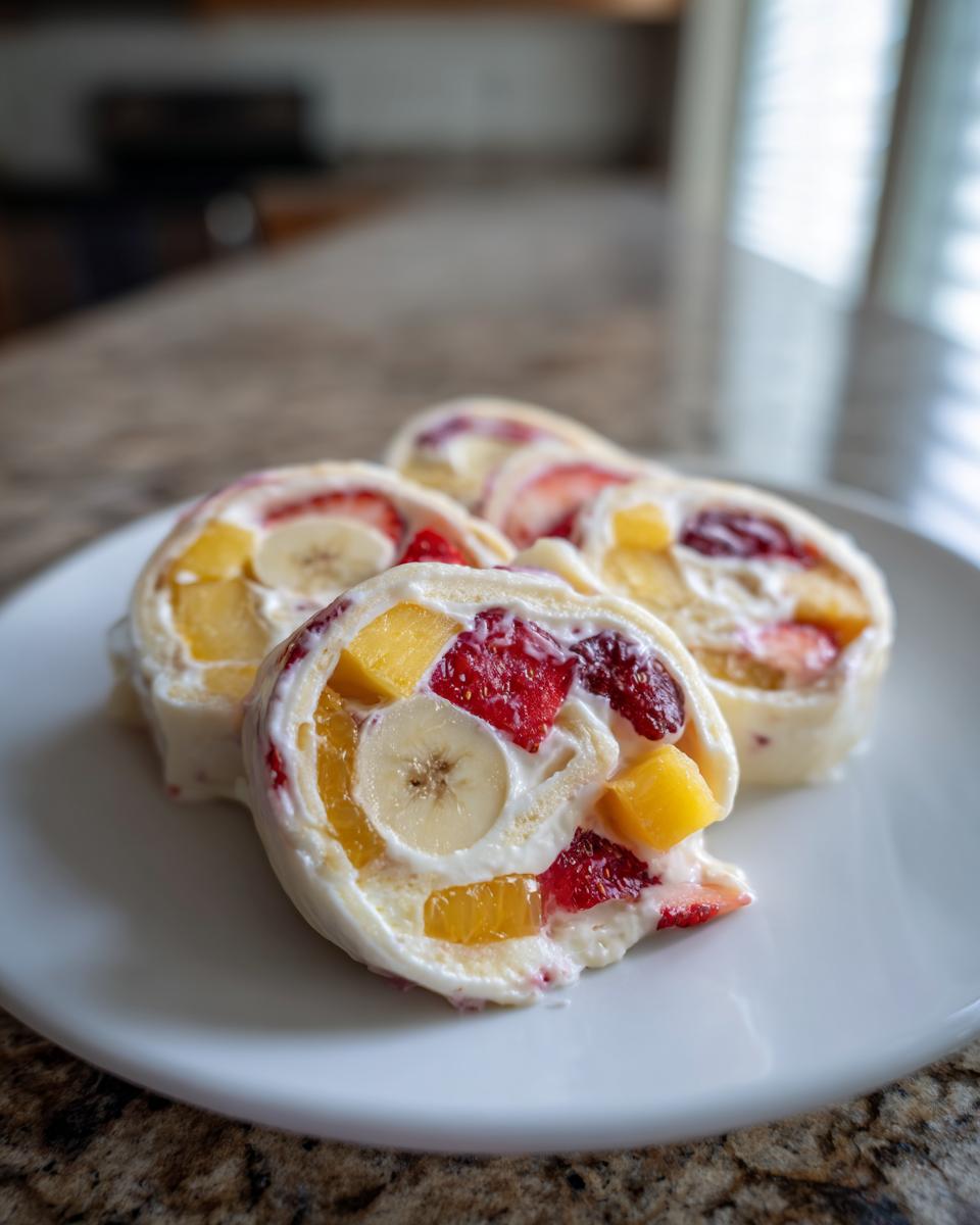 Close-up of Cheesecake Fruit Salad Roll Ups with fresh fruit filling, a delicious dessert.