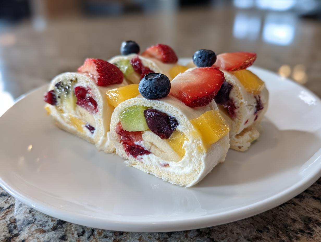 Close-up of Cheesecake Fruit Salad Roll Ups slices on a white plate, with fresh fruit.