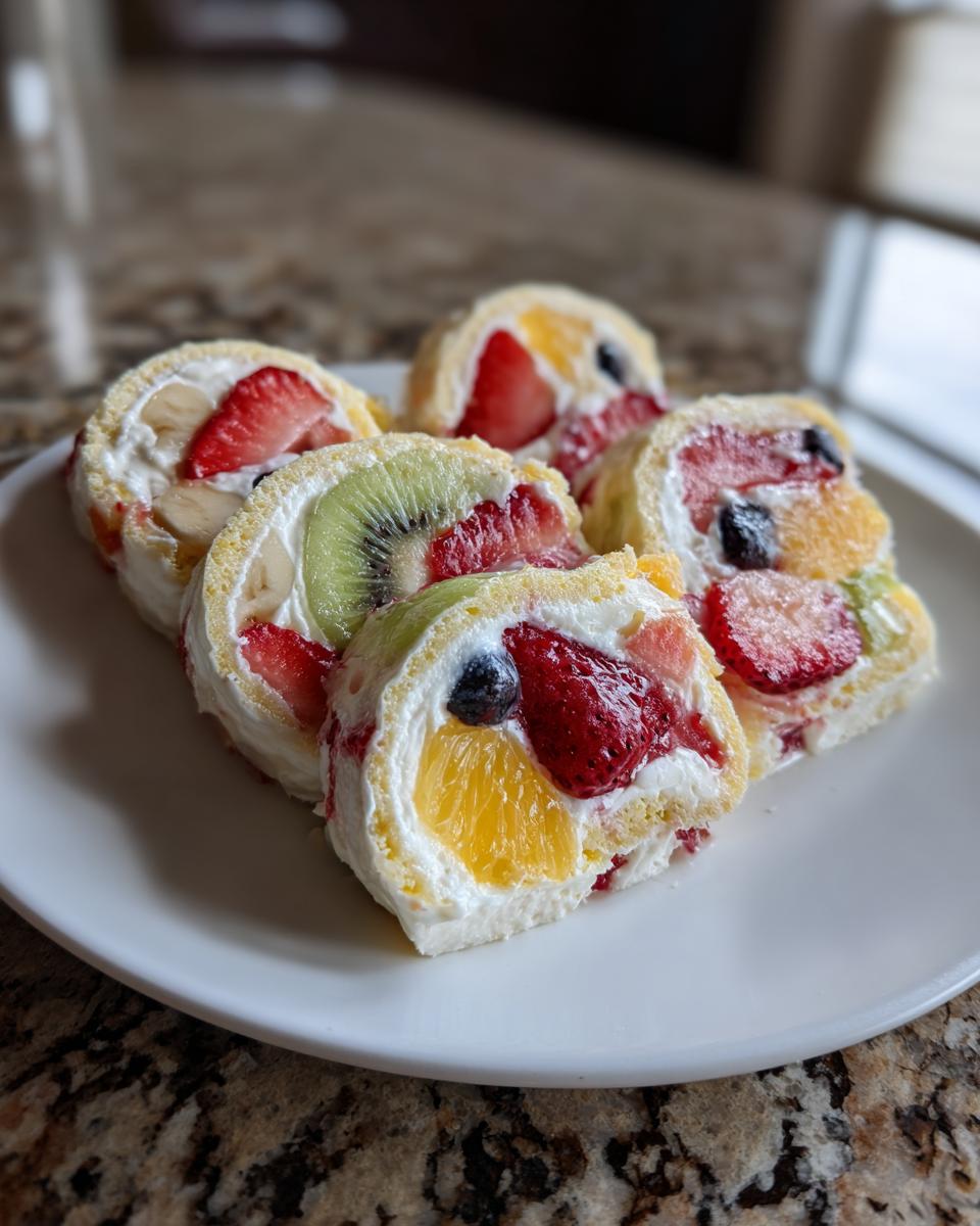 Close-up of Cheesecake Fruit Salad Roll Ups with various fruits, a delicious dessert.