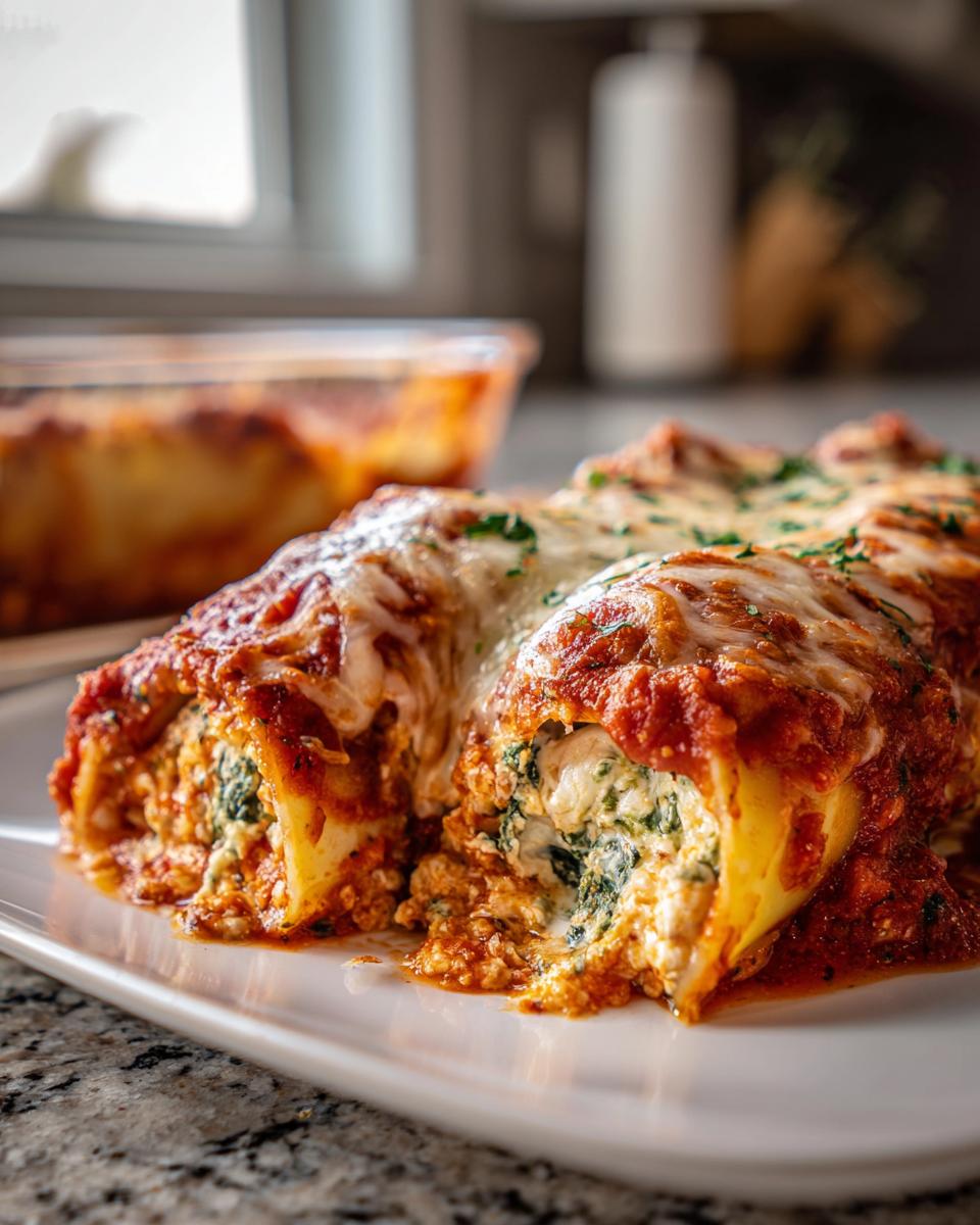 Close-up of baked Cheesy Baked Manicotti on a white plate, showing the filling and melted cheese.