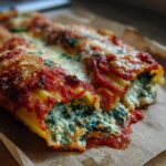 Close-up of Cheesy Baked Manicotti with melted cheese, tomato sauce, and a spinach and ricotta filling.