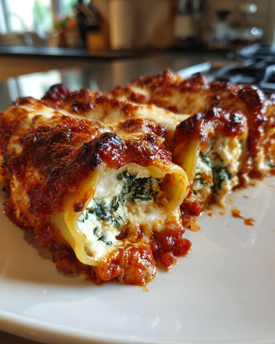 Close-up of baked Cheesy Baked Manicotti with melted cheese, spinach filling, and tomato sauce.