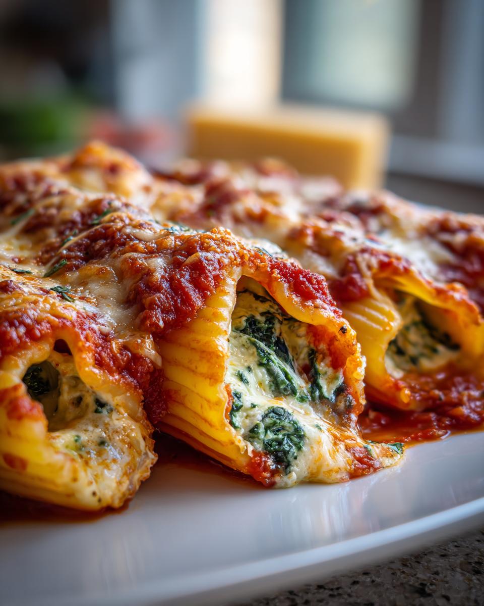 Close-up of cheesy baked manicotti with marinara sauce and melted cheese. The Cheesy Baked Manicotti is delicious.