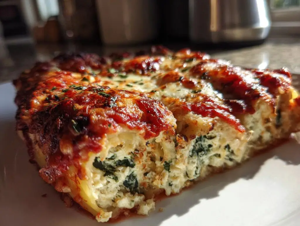 Close-up of a slice of Cheesy Baked Manicotti, showing the layers of pasta, cheese, and sauce.
