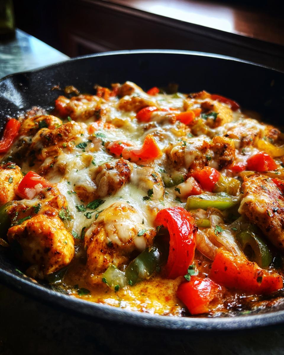 Close-up of a skillet with chicken, bell peppers, and melted cheese, perfect for Summer Dinners You Can Make in 30 Minutes or Less.
