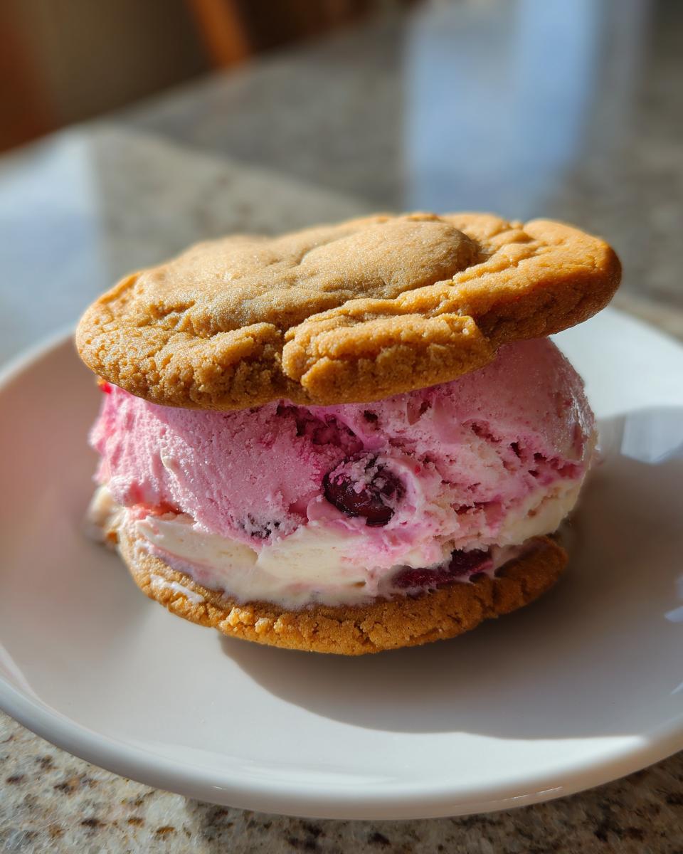 Close-up of a Cherry Vanilla Ice Cream Sandwich on a white plate.