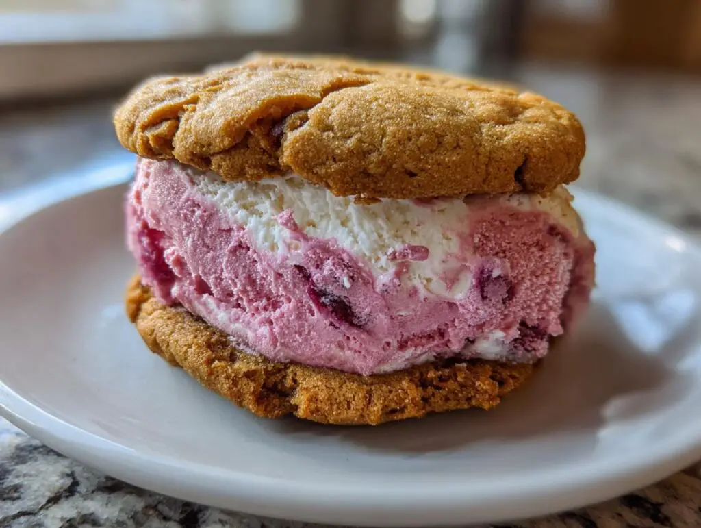 Close-up of a Cherry Vanilla Ice Cream Sandwich on a white plate.