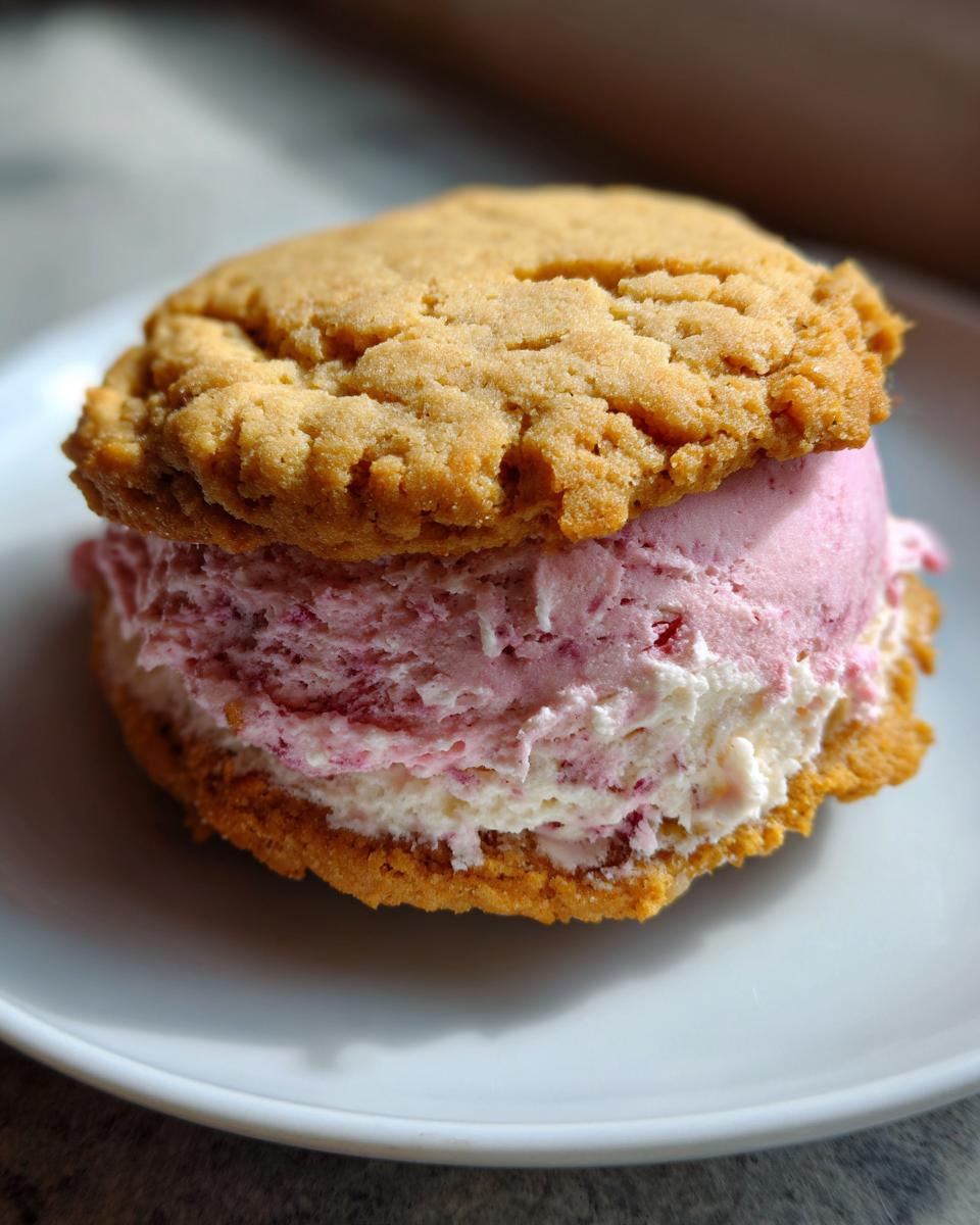 Close-up of a Cherry Vanilla Ice Cream Sandwich on a white plate, showing ice cream between two cookies.