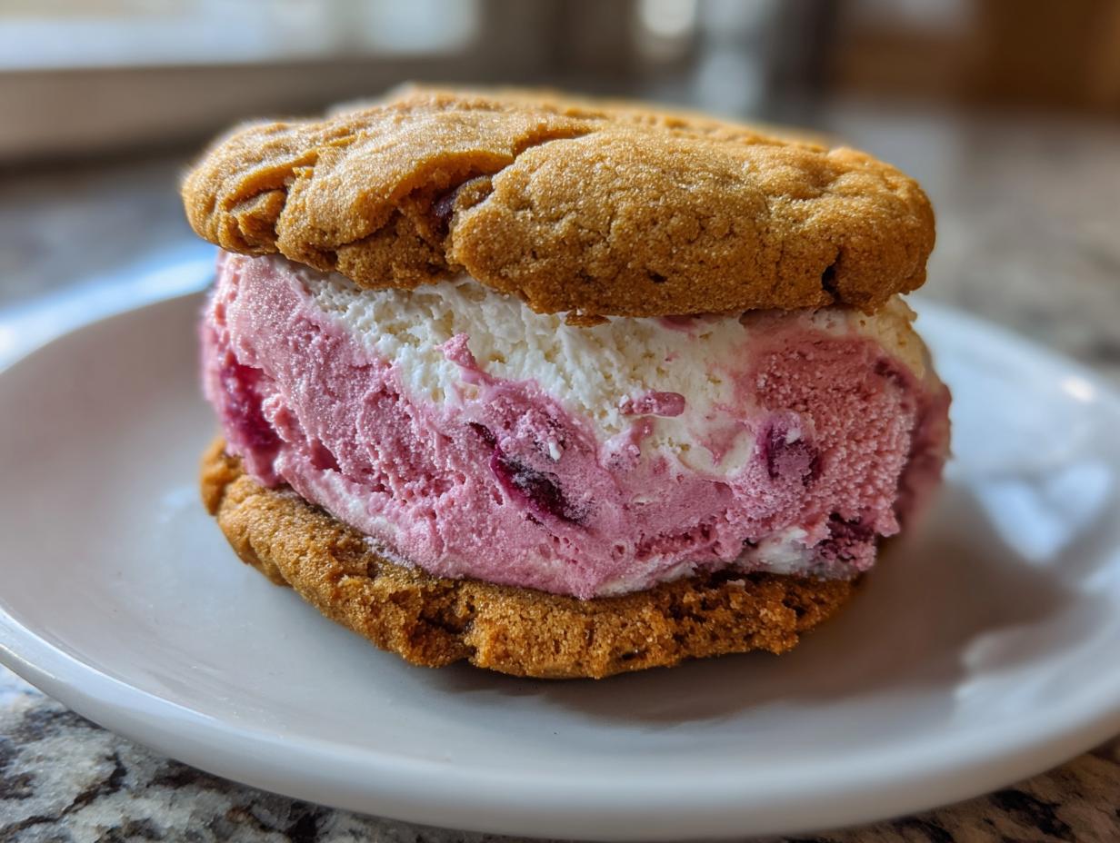 Close-up of a Cherry Vanilla Ice Cream Sandwich on a white plate.