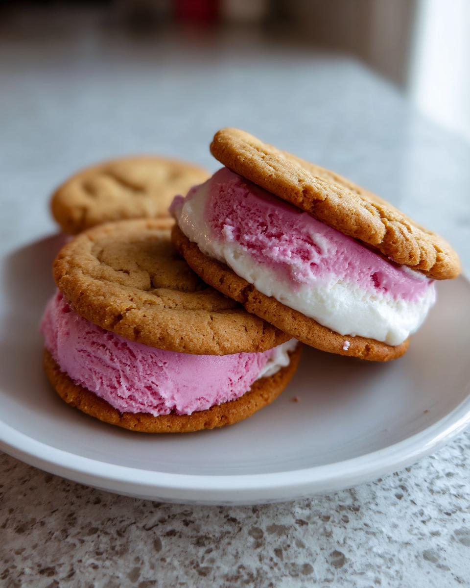 Close-up of Cherry Vanilla Ice Cream Sandwiches on a white plate.
