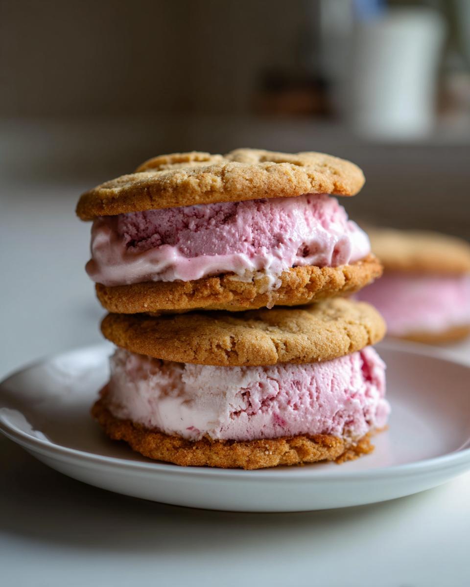 Two Cherry Vanilla Ice Cream Sandwiches stacked on a white plate, close-up view.