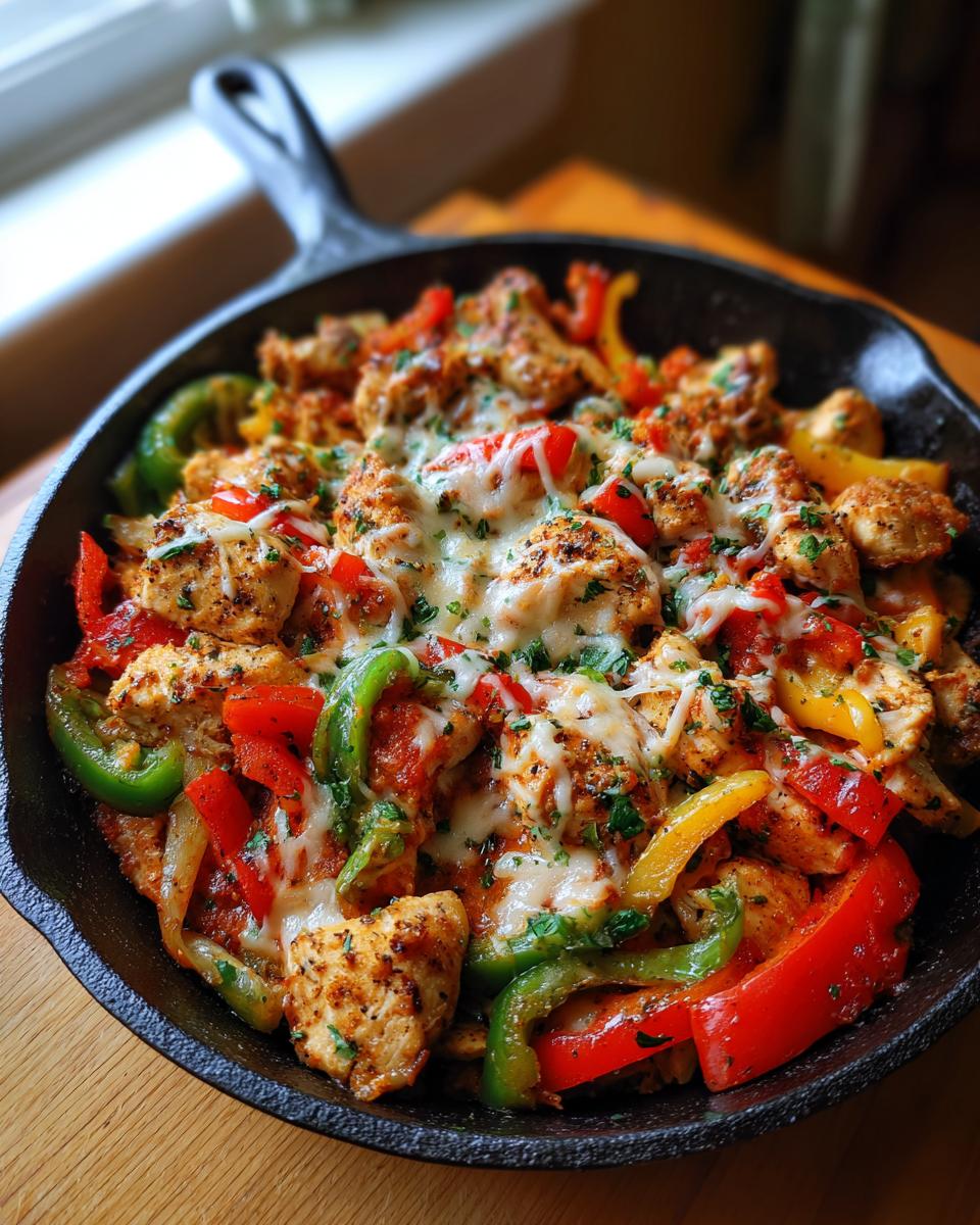 Chicken fajitas with bell peppers and cheese, perfect for quick Summer Dinners You Can Make in 30 Minutes or Less.
