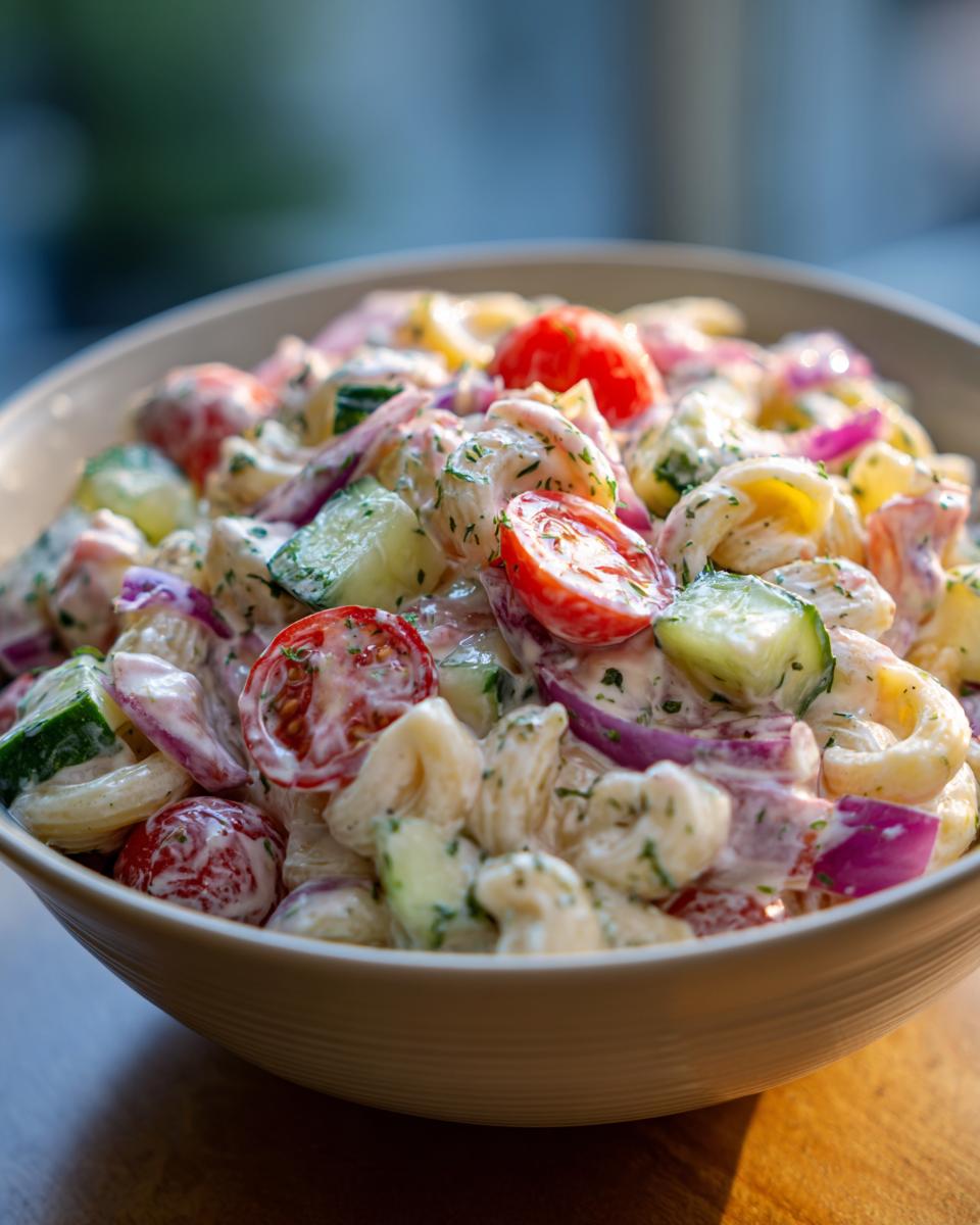 Amazing Chicken Pasta Salad with 1 Dressing 2 Close-up of chicken pasta salad with creamy Greek yogurt dressing, tomatoes, cucumbers, and red onion.