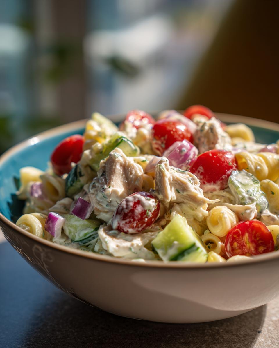 Amazing Chicken Pasta Salad with 1 Dressing 3 Close-up of a bowl of chicken pasta salad with creamy greek yogurt dressing, tomatoes, and cucumber.