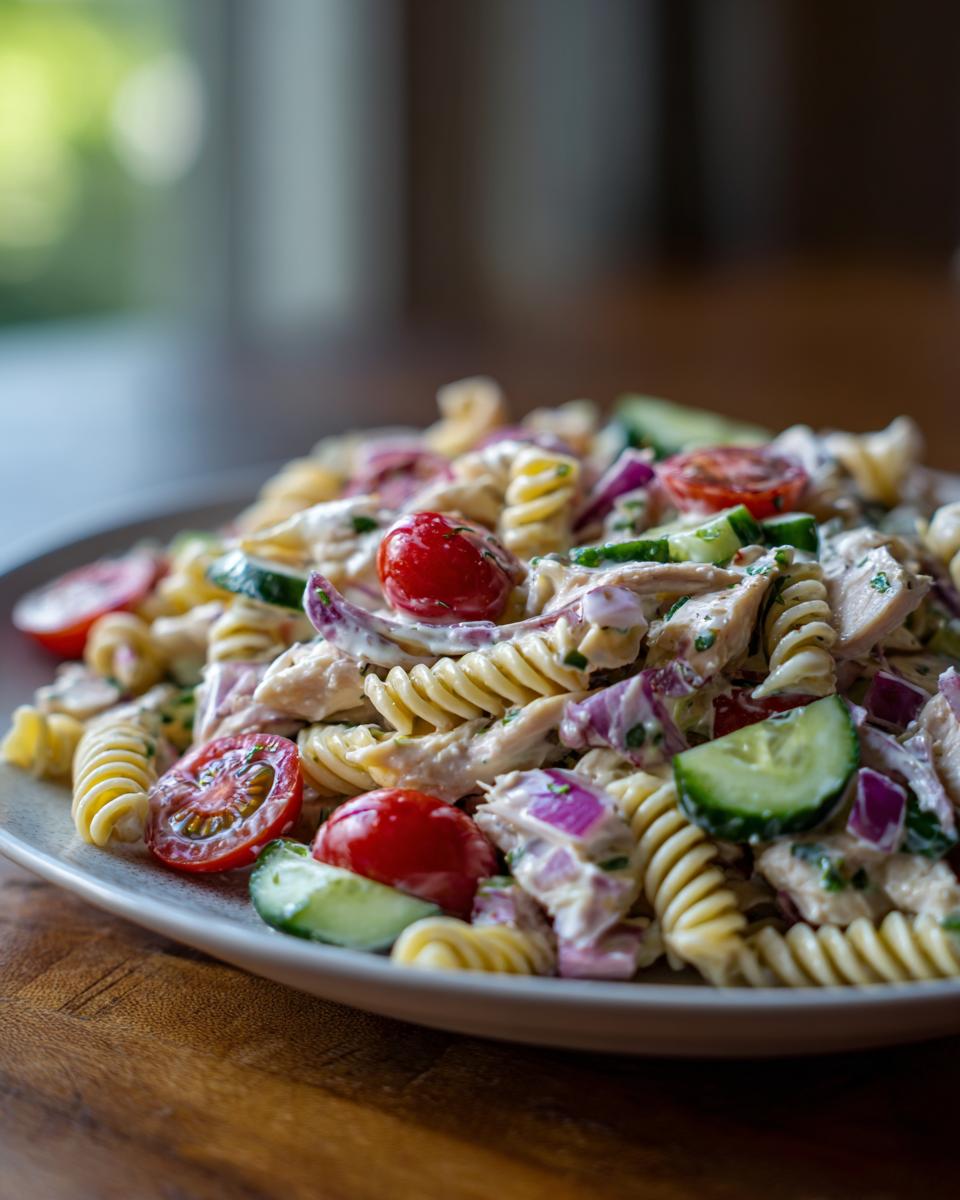 Amazing Chicken Pasta Salad with 1 Dressing 4 Close-up of chicken pasta salad with creamy Greek yogurt dressing, tomatoes, cucumber, and red onion.