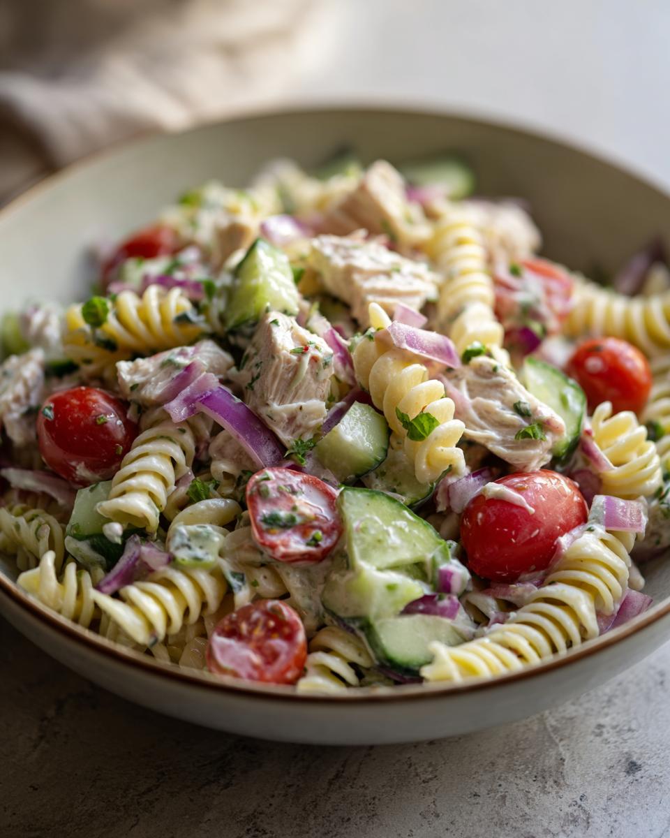 Amazing Chicken Pasta Salad with 1 Dressing 5 Close-up of a bowl of chicken pasta salad with creamy Greek yogurt dressing, tomatoes, cucumber, and red onion.
