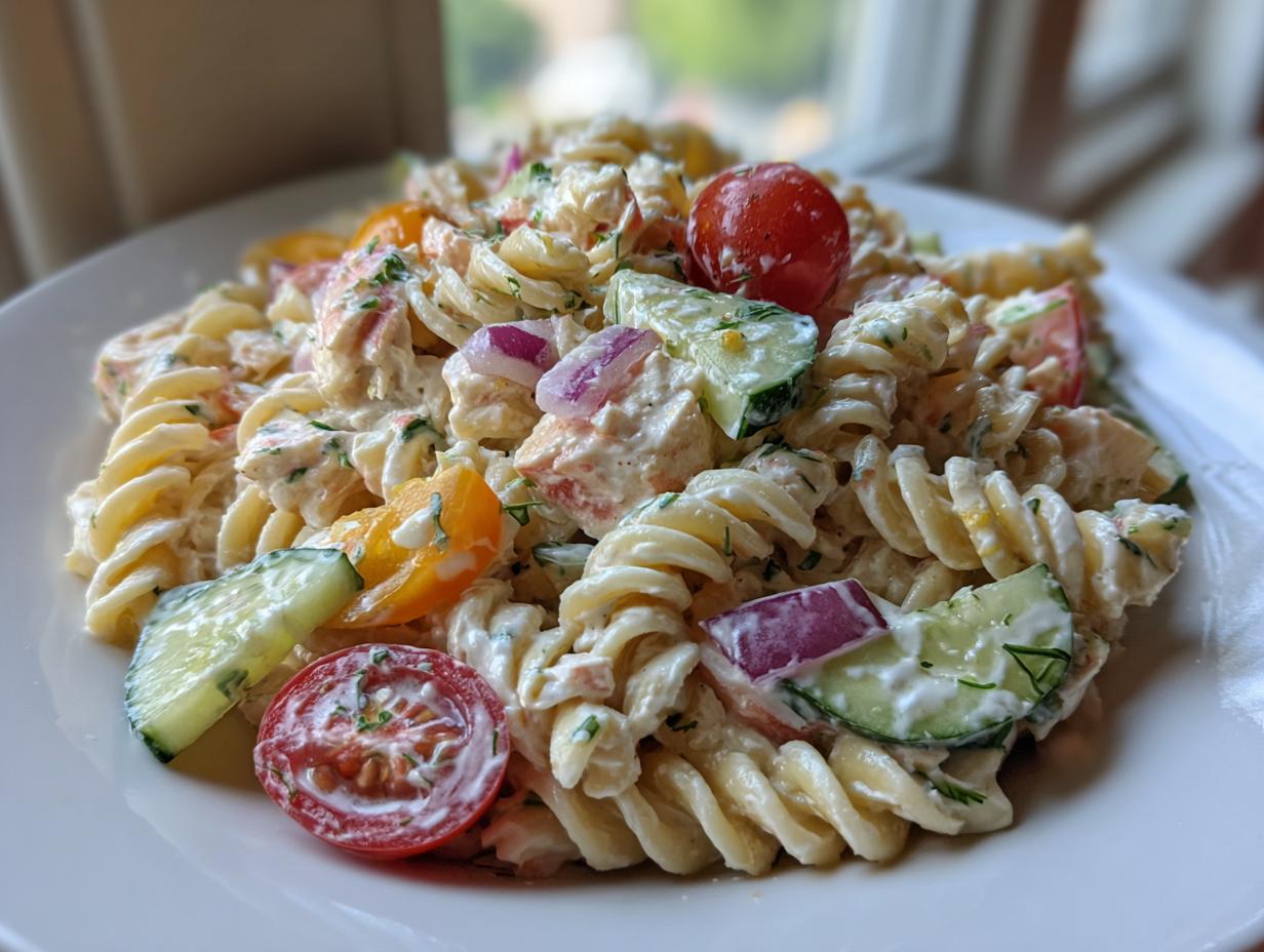 Amazing Chicken Pasta Salad with 1 Dressing 1 Close-up of chicken pasta salad with creamy greek yogurt dressing, tomatoes, cucumbers, and red onion.
