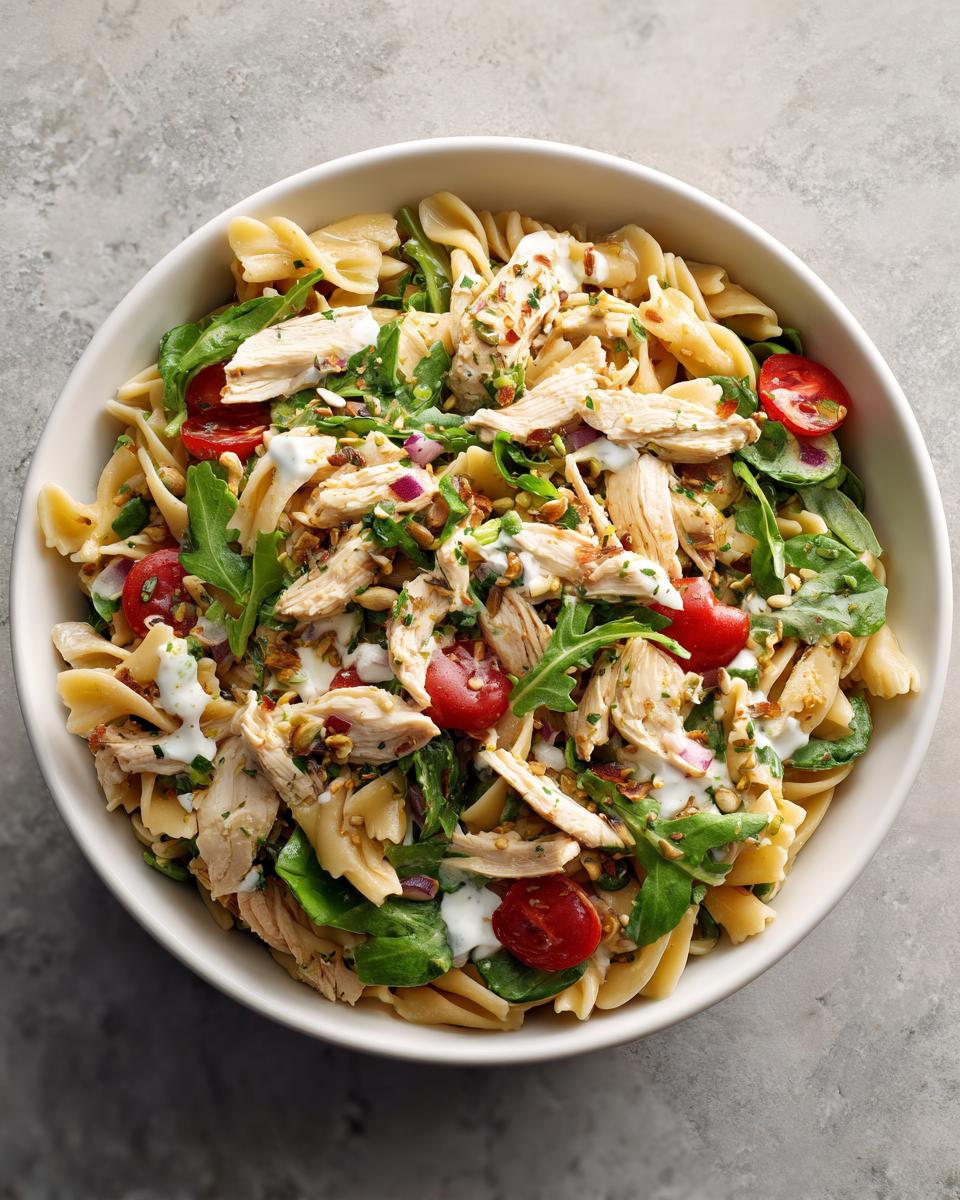 Overhead shot of chicken pasta salad with greek yogurt, tomatoes, and arugula.